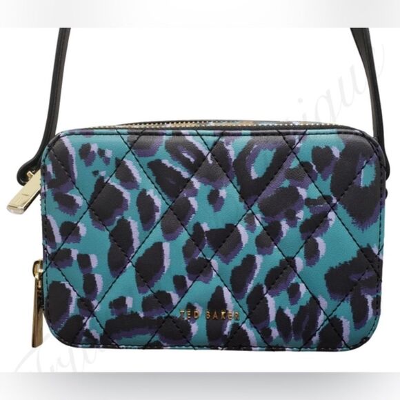 NWT TED BAKER LONDON Bag Crossbody Camera Olive Quiltt Leopard Faux Leather - Picture 4 of 12